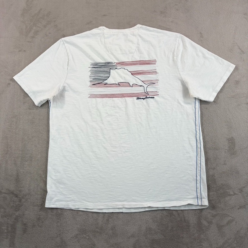 Tommy Bahama Bali Beach Crew T-Shirt Men Large Cotton Slub USA Flag Marlin Logo